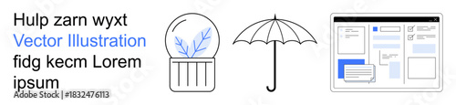 Growth concepts, protection symbols, web design, creativity , digital communications, user interface ideas. Abstract plant in a dome, an umbrella and a web layout. Growth and protection concepts