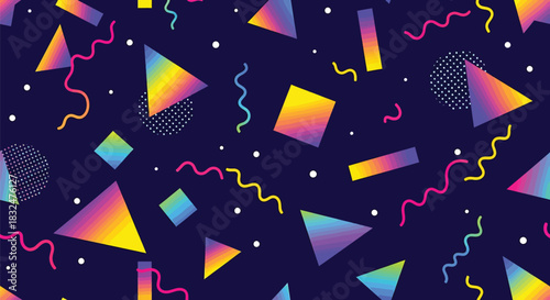 Vibrant retro 80s 90s geometric pattern with colorful gradient shapes and squiggly lines on a dark blue background, creating a nostalgic playful aesthetic