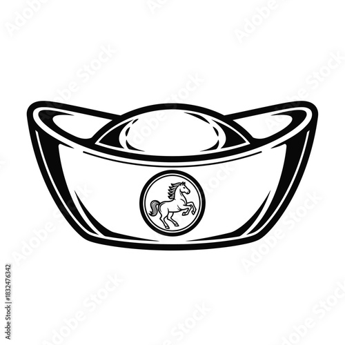 Traditional Chinese Gold Ingot Illustration with Horse Emblem, Symbolizing Wealth, Prosperity, and Good Fortune for Cultural and Festive Designs