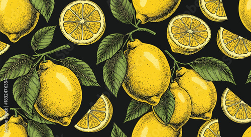 Vibrant seamless pattern of handdrawn lemons, whole and sliced, with lush green leaves on a dark background, creating a fresh and zesty botanical illustration