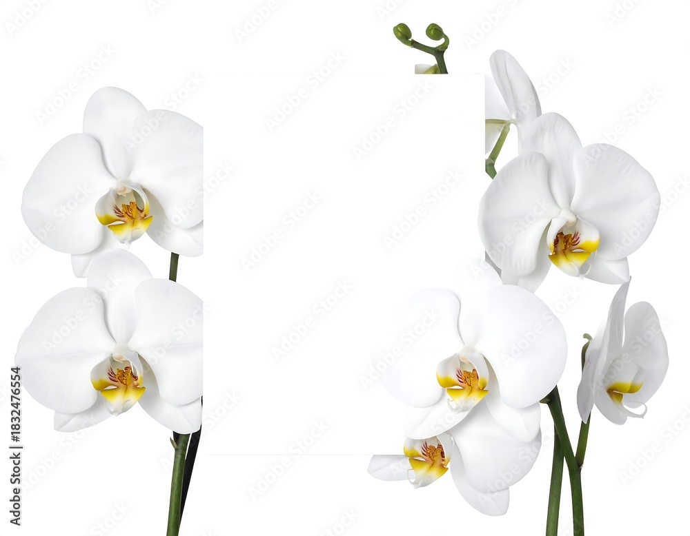 Obraz premium Pristine white orchid blossoms elegantly arranged against a stark white backdrop