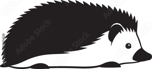 Stylized monochrome hedgehog vector illustration, side view, simple graphic design for children's books, wildlife themes, educational materials, and nature emblems