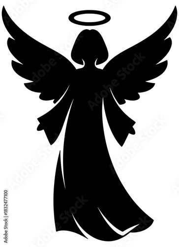 Black Angel Silhouette with Halo and Wings Vector Icon, Minimalist Religious Christmas Symbol or Logo, religious icon, Christmas decoration, logo element.