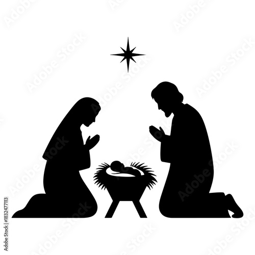 Black Nativity Scene Silhouette with Star of Bethlehem Vector, Christmas Jesus Birth Scene Graphic Design Element, 