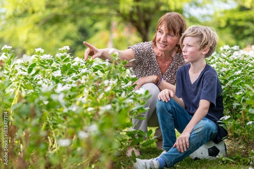 Grandmother and grandson teaching pointing sitting in flower garden loving outdoor bonding generational happy family connection. relationship family outdoor summer joyful warm sunlight