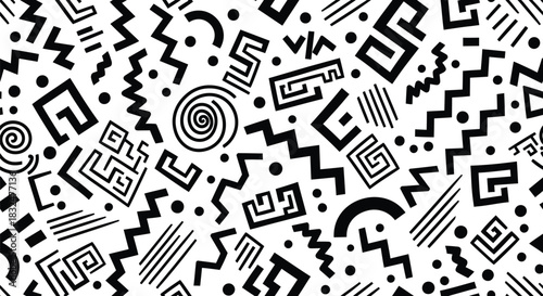 Abstract seamless pattern with black geometric shapes, squiggles, lines, and dots, evoking a retro 80s and 90s memphis style