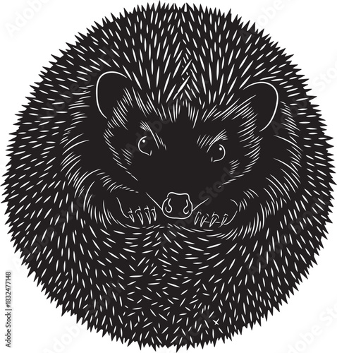 Stylized hedgehog illustration, graphic design element, wild animal curled up defensively, spiky mammal drawing for wildlife, nature, and pet themes artwork.