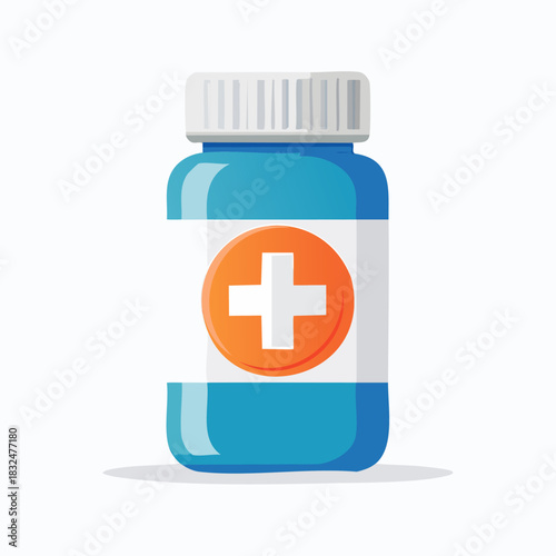 Blue Pill Bottle with Medical Cross Illustration.