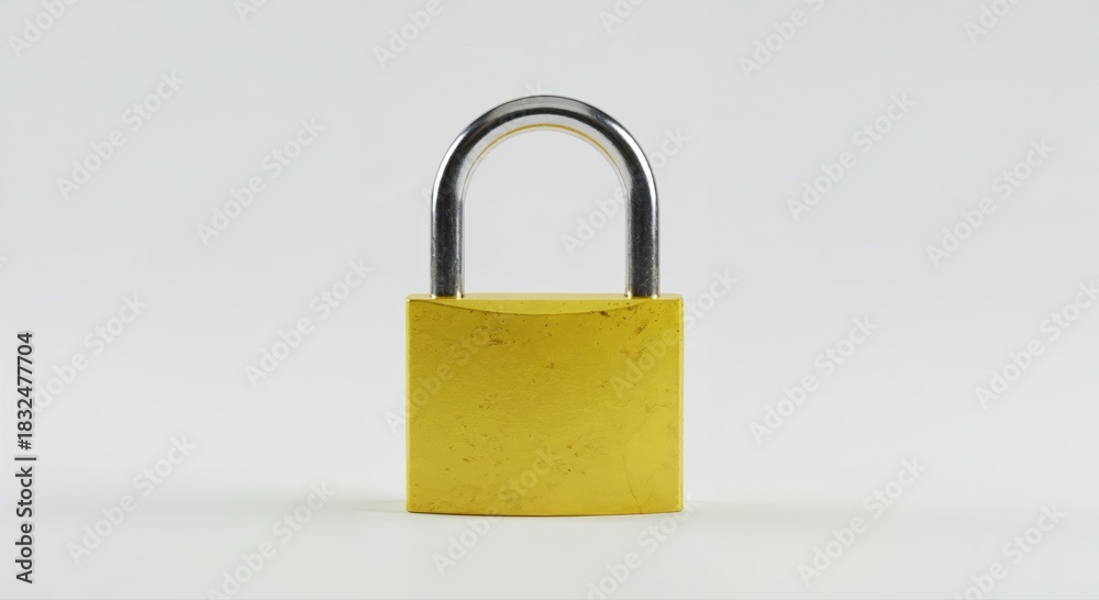 Fototapeta premium Secured Safety: A vibrant, yellow padlock stands as a symbol of security and protection against potential breaches. A visual metaphor for guarding possessions and maintaining privacy.
