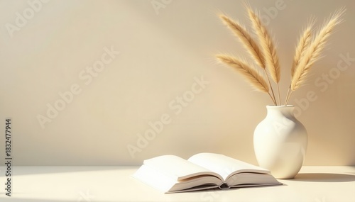 White book mockup, dried grass vase, beige table Minimalist, elegant scene , top view, craft, template