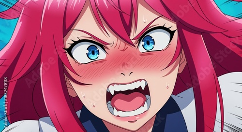 Anime woman expression: Anime character expressing anger and frustration with exaggerated facial features, vibrant hair color and open mouth