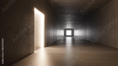 Abstract Tunnel Reveals Glowing Doorframe in Concrete Structure