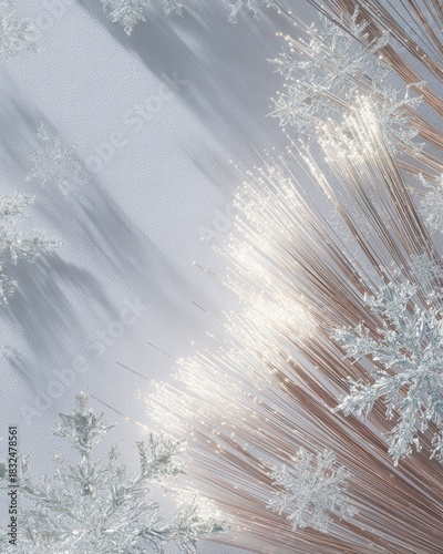 Vertical fiber optic strands with geometric silver snowflakes frame a clean grey space, creating a futuristic minimalist holiday design.