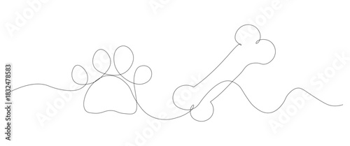 Elegant single line drawing of a dog paw print and bone illustration ideal for pet themed designs minimal and modern dog logo concept perfect for veterinary or pet shop branding