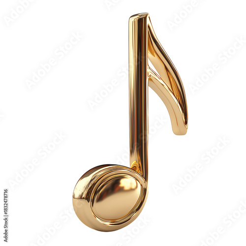 3D Golden Metallic Music Note Decorative Asset with Transparent Background