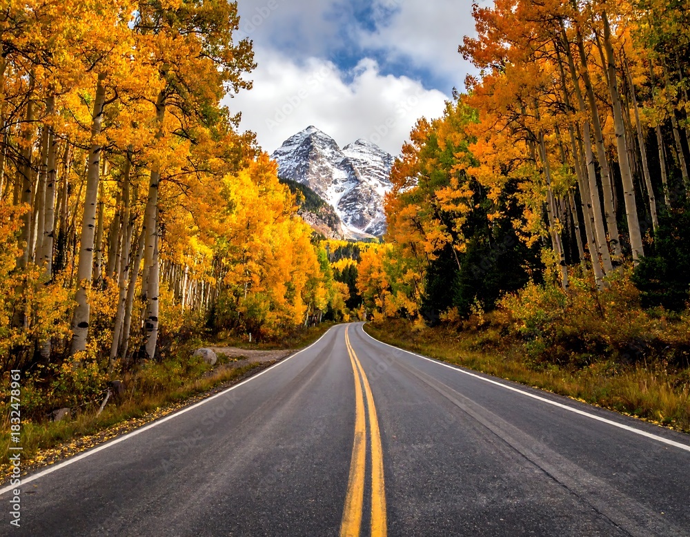 Obraz premium Road through autumn trees leads to snow-capped mountain under cloudy sky