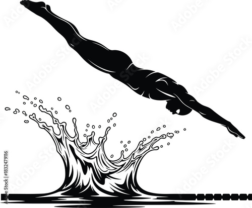 Swimmer Diving Silhouette | Black & White Vector Swimming Sport Art
