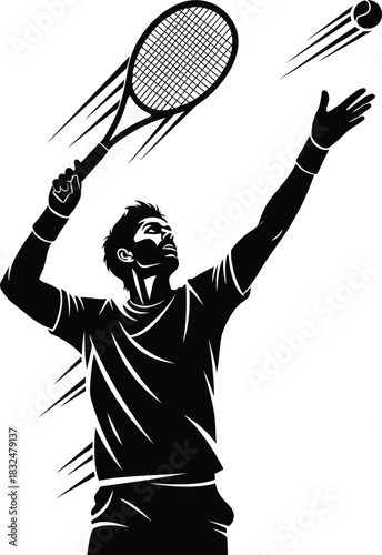 Tennis Player Serve Silhouette | Black & White Vector Sport Illustration