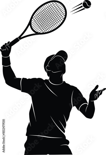 Tennis Player Serve Silhouette | Black & White Vector Sport Illustration
