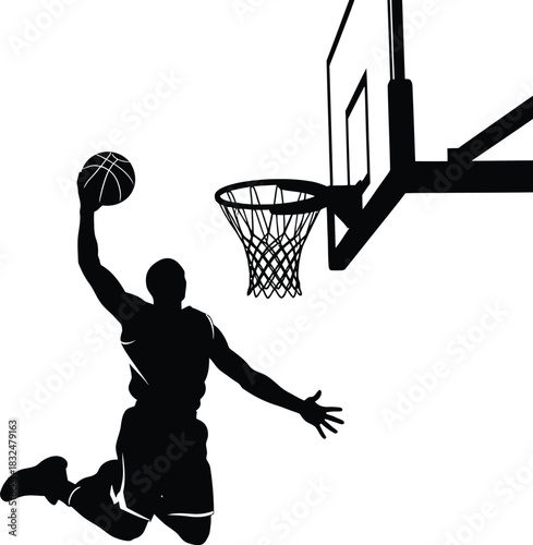 Basketball Player Slam Dunk Silhouette | Black & White Vector Art Illustration