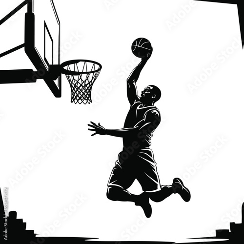 Basketball Player Slam Dunk Silhouette | Black & White Vector Art Illustration