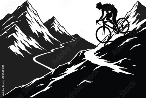 Cyclist Racing Uphill Silhouette | Black & White Mountain Biking Vector Art