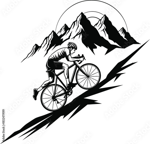 Cyclist Racing Uphill Silhouette | Black & White Mountain Biking Vector Art