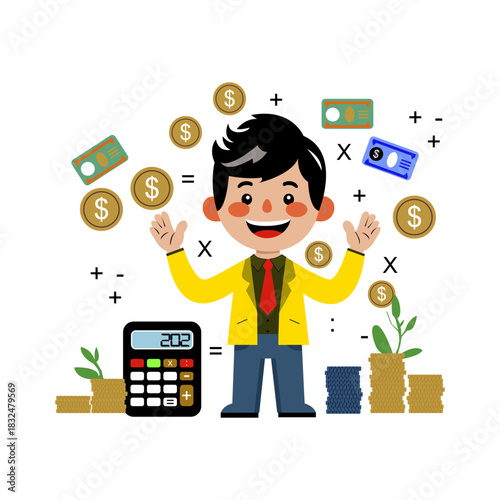 Vector graphic of a businessman with money, calculator, cartoon vector illustration. This vector is perfect for templates, business, company, banners, wallpapers, decorations, and backgrounds, etc.