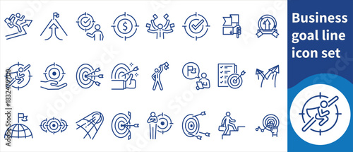 Business goal line icon set, business goals, objectives, vision, mission, strategy, plan, objective, KPI, milestone, roadmap, success, achievement, progress, growth, analysis, character and more