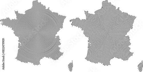 France map with dotted and round line pattern. Global European France map vector geometric dotted shape and outline art pattern illustration showing French bordar, state country view.