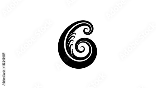 Ornate black swirling decorative design on a white background, resembling a classical flourish or koru.