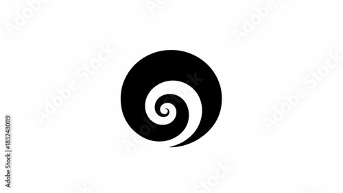 A black circular koru symbol with a white spiral on a plain white background.