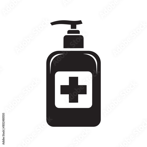 Black hand sanitizer bottle with white cross icon on white background dispenser pump