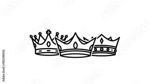 Three elegant outline crowns in a row, symbolizing royalty, power, and monarchy, rendered in a minimalist black and white style.