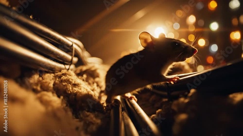 Small rodent peeking from brown insulation amidst cables with warm ambient light