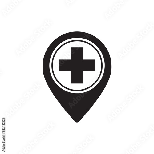 Black medical cross inside location pin icon on white background health hospital 1