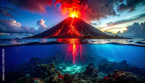 A dramatic split-level view of a fiery volcanic eruption above the ocean and glowing underwater activity below.