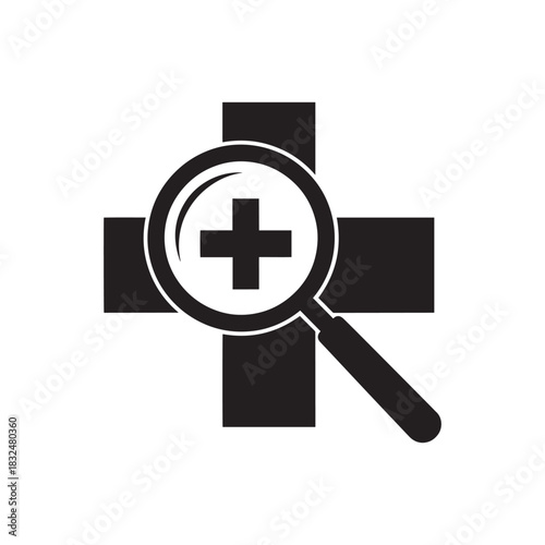 Black medical cross symbol magnified by a magnifying glass icon health plus