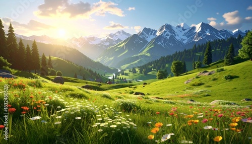 A breathtaking panoramic view of a vibrant green mountain valley bathed in golden sunlight with wildflowers in the foreground.