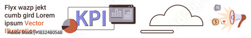 Business analysis, KPI tracking, cloud technology, data sharing, financial growth, information flow. Includes KPI chart and cloud symbol connected to dynamic data. Business analysis and KPI tracking