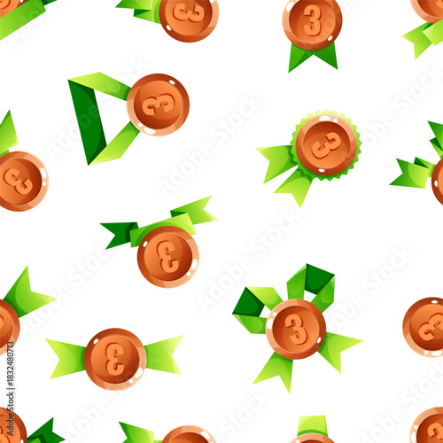 Seamless pattern of awards featuring bronze medals, green ribbons, and trophies. The design is vibrant and suitable for celebration themes.
