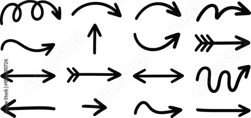 Collection of diverse hand drawn black arrows pointing different directions