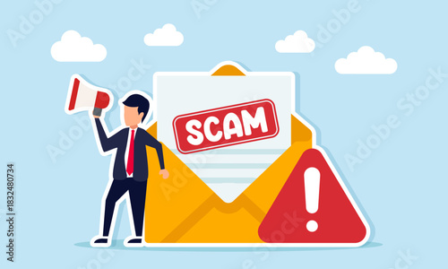 Businessman near an envelope marked scam warning promoting awareness with a megaphone illustration of education and alertness in responding to scam news