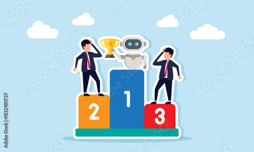Businessmen losing the winner podium to an AI robot illustration of being defeated in efficiency and effectiveness in completing business projects