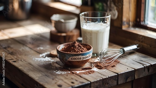 Cocoa powder in a bowl with a glass of milk and a whisk on a wooden table, suggesting homemade hot chocolate preparation