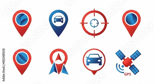 Free Download Collection of various location, navigation, and GPS icons including map pins, car symbols, and a satellite. - GFXLoad