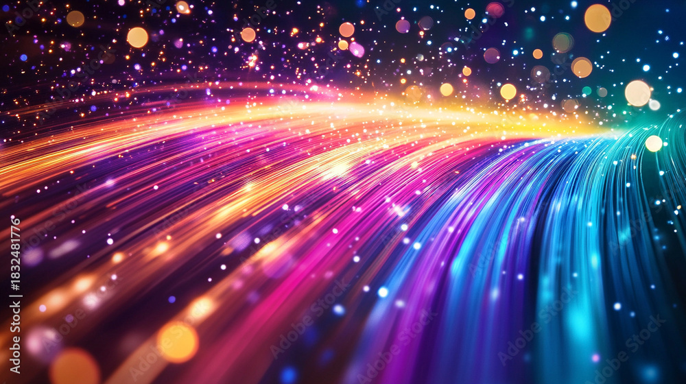 Obraz premium A glowing stream of light pulses traveling through a transparent optical fiber, illustrating high-speed data transmission with radiant beams and futuristic digital energy. 