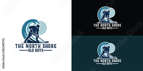 The central silhouette of a hockey player holding a stick is set against a large, dynamic, curling wave and a circular shape. This blend of a sports figure and a surf motif creates an overall form.