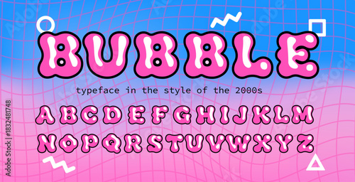 Y2K-inspired vector bubble typeface with glossy hot-pink letters  on a blue-to-pink gradient grid background. Chunky, rounded forms. Early 2000s bubblegum pop and digital nostalgia.