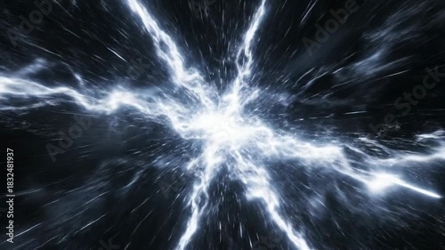 ﻿Intense white light trails streak across a pitch-black void creating dynamic residual energy paths high speed, movement, graphic element